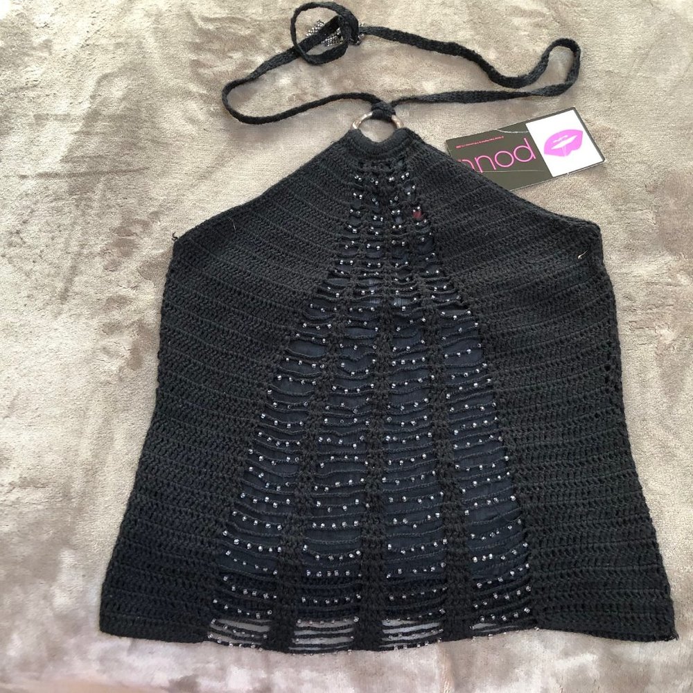 Black knit/beaded halter top (labeled M but fits as XS)
